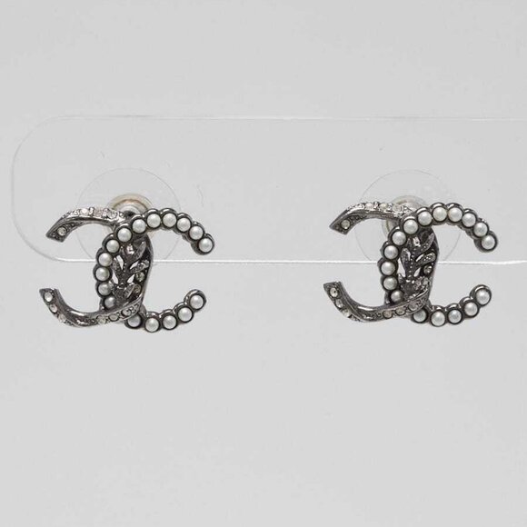 Chanel Silver Metal Crystal and Faux Pearl CC Stud Earrings - Picture 1 of 3